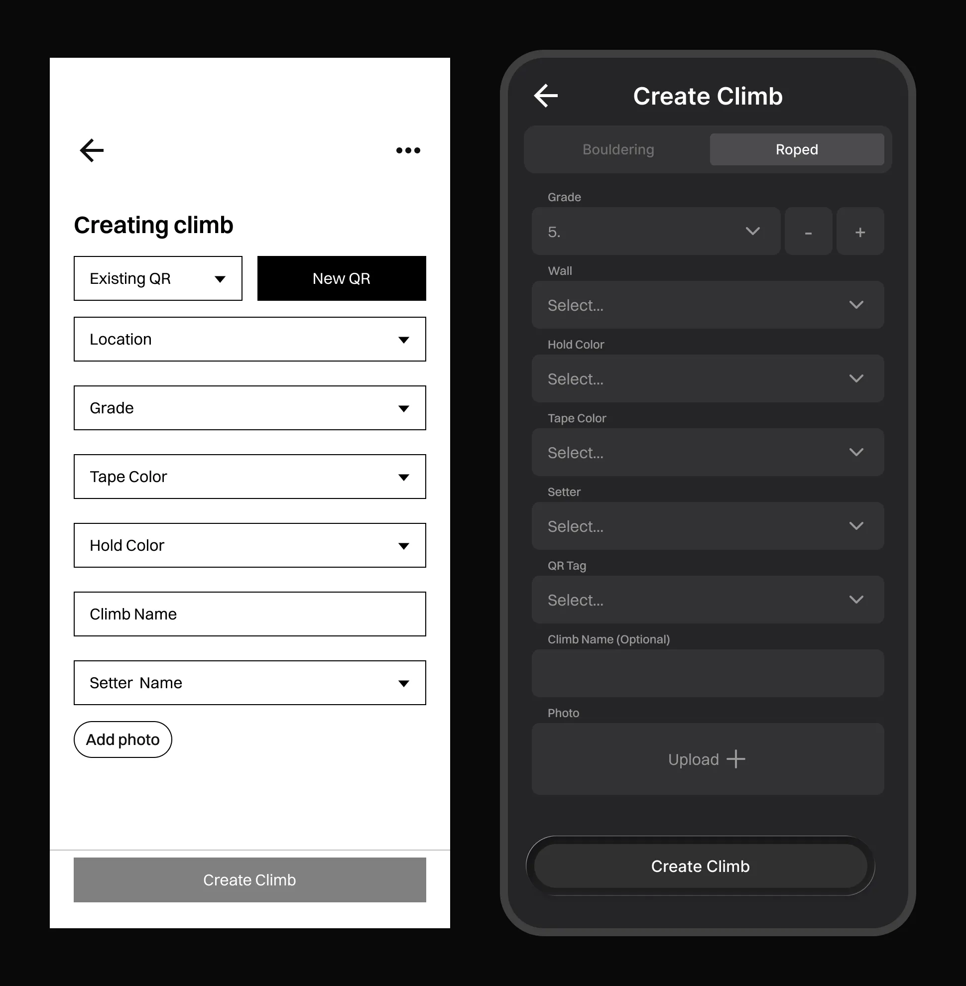 Create Climb form, from an early wireframe to the shipped dark-mode UI