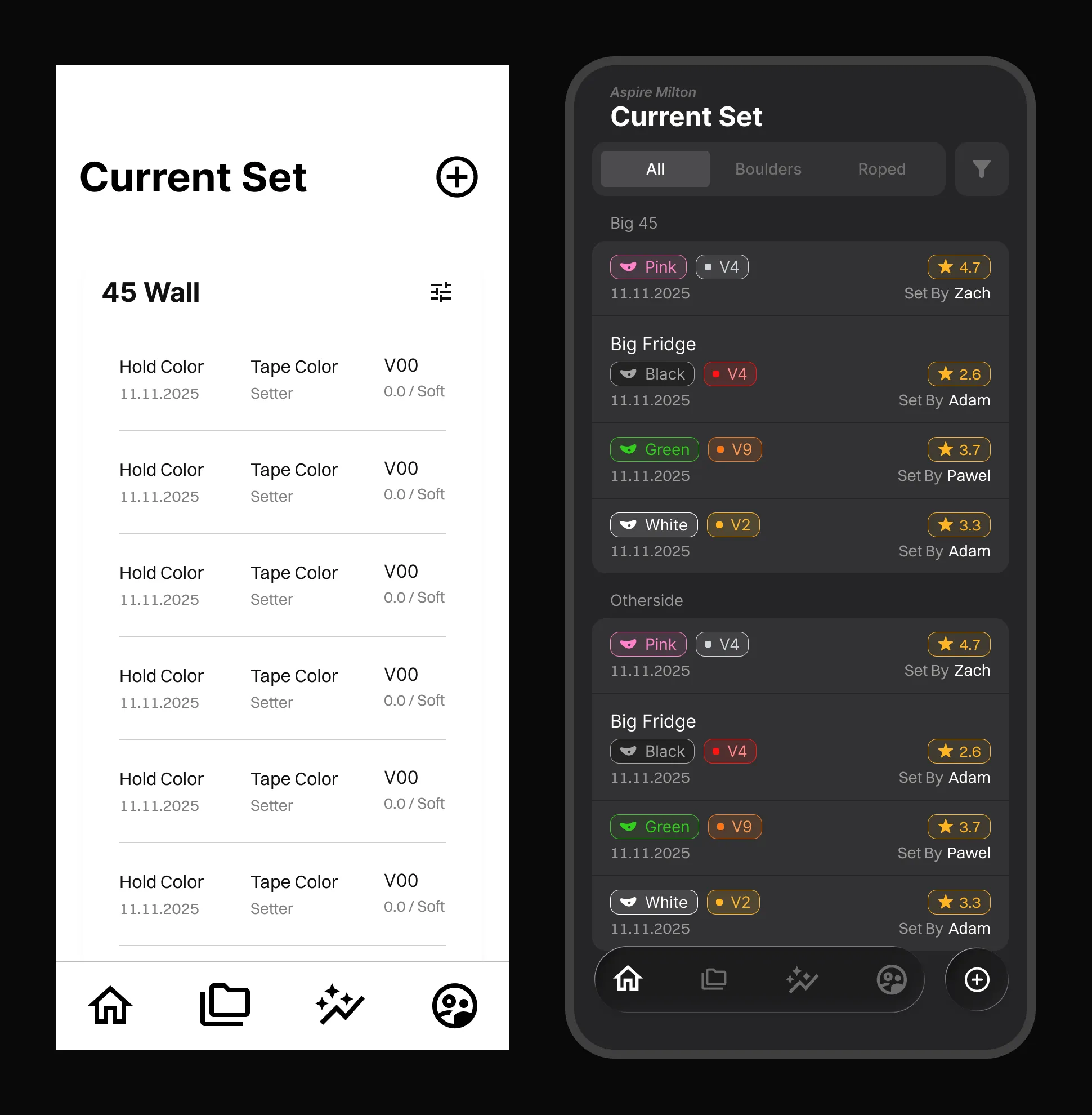 Current Set screen, from an early wireframe to the shipped dark-mode UI