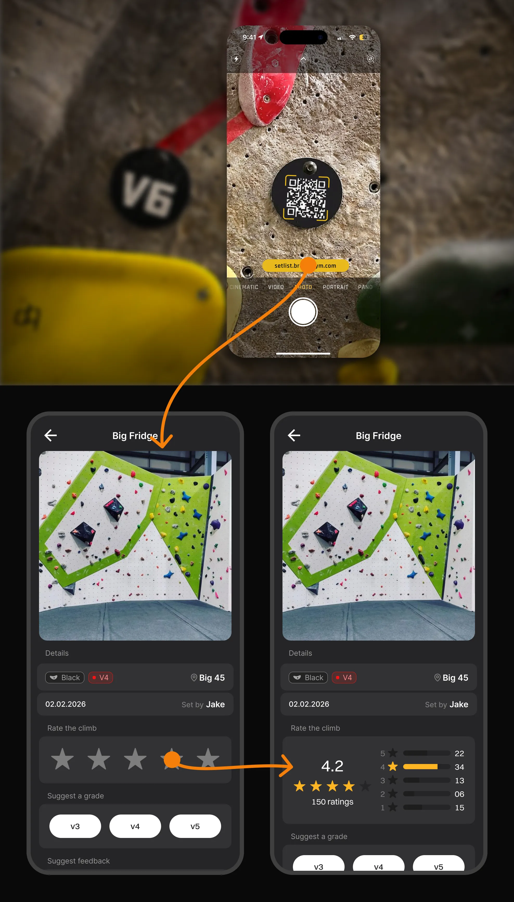 A climber scanning a QR tag on a climb, rating it, and seeing the aggregate score