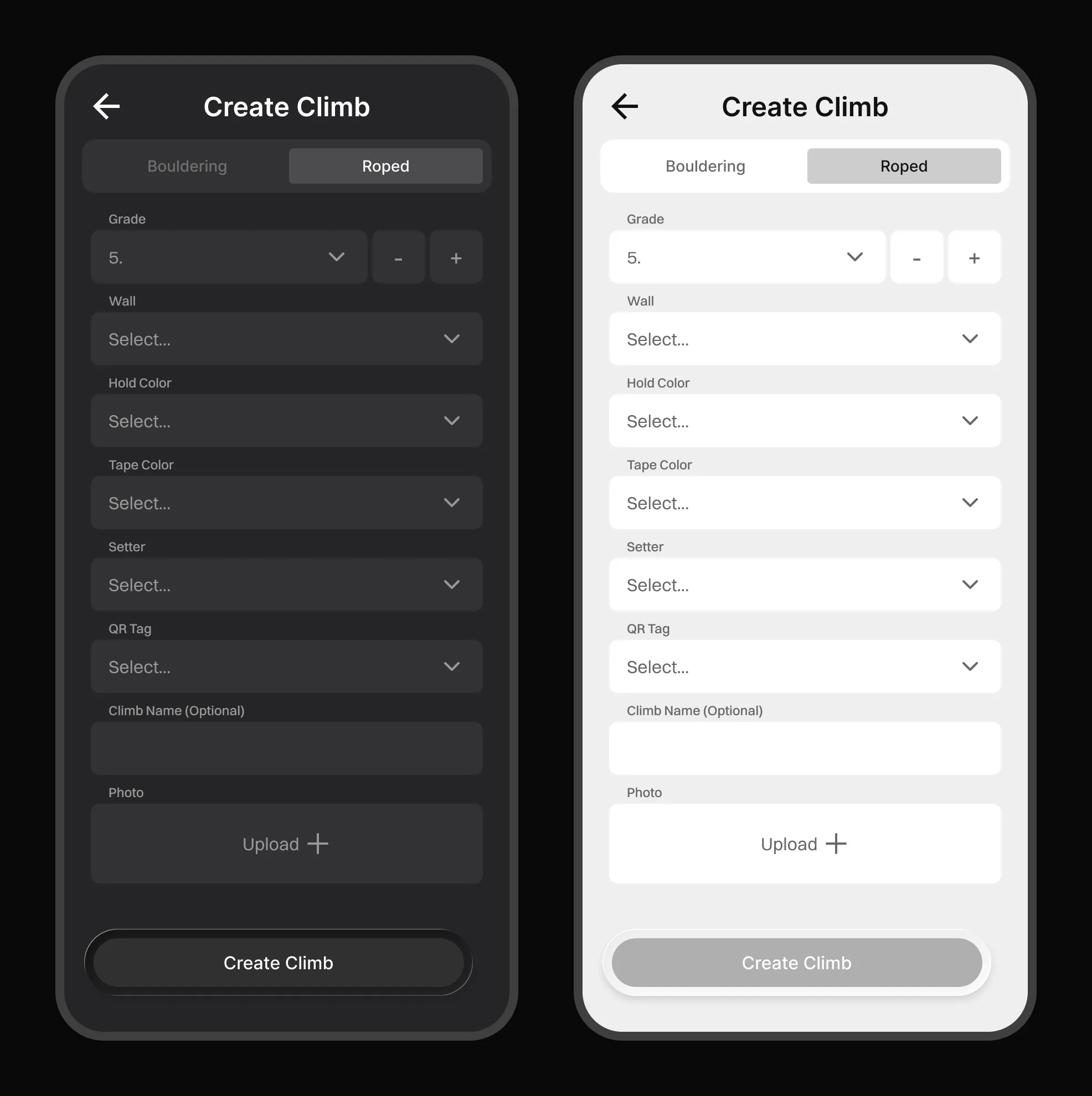 Create Climb screen shown in light and dark theme, built from the same design tokens