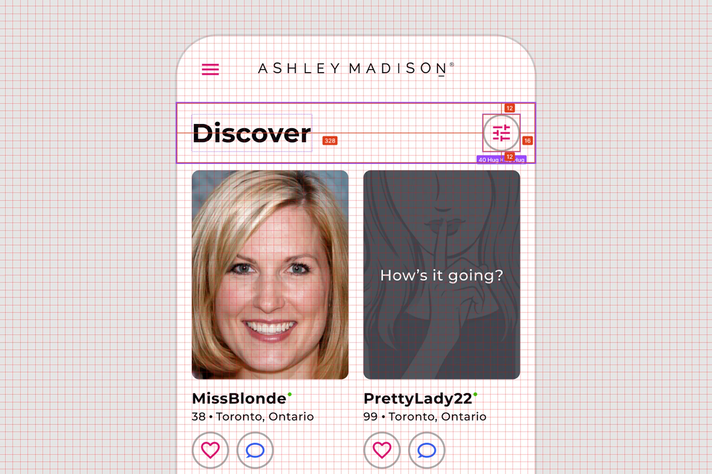 Spacing grid overlaid on a mobile screen showing the Ashley Madison discover page